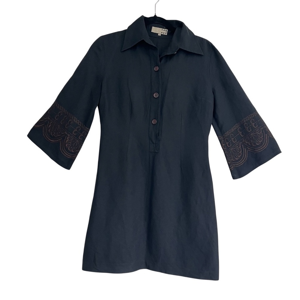 Vakkorama Embroidered Bell Sleeve Mini Dress Sz 38 (US 4/6) Black Linen Chic